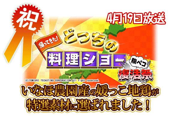 いなほ農園産の媛っこ地鶏が「帰ってきた！どっちの料理ショー腹ペコ復活祭」の特選食材に選ばれました！